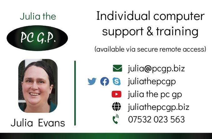 Julia the PC GP Business card - Showing email address, Twitter feed, Facebook page and Skype name, YouTube name, website name and phone number